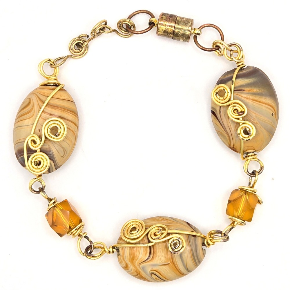 Handmade Wire Wrapped Swirl Glass Bead Bracelet Gold Tone Magnetic Clasp 7"